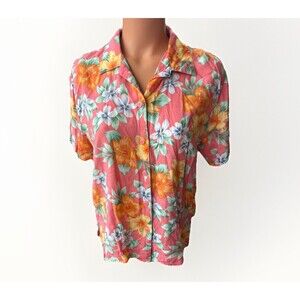 VTG AC Petites Womens Pink Hawaiian Shirt Size M Button Up Boxy